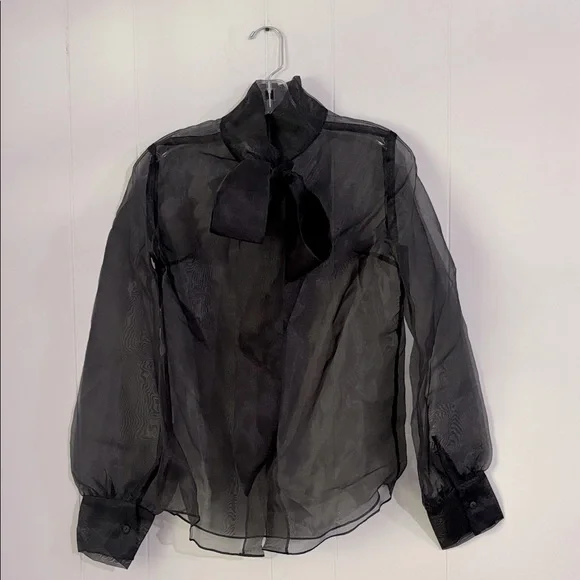 anthropologie sheer Black Back Bow at neck, self tie, Blouse NWOT By Ellender - Picture 15 of 16